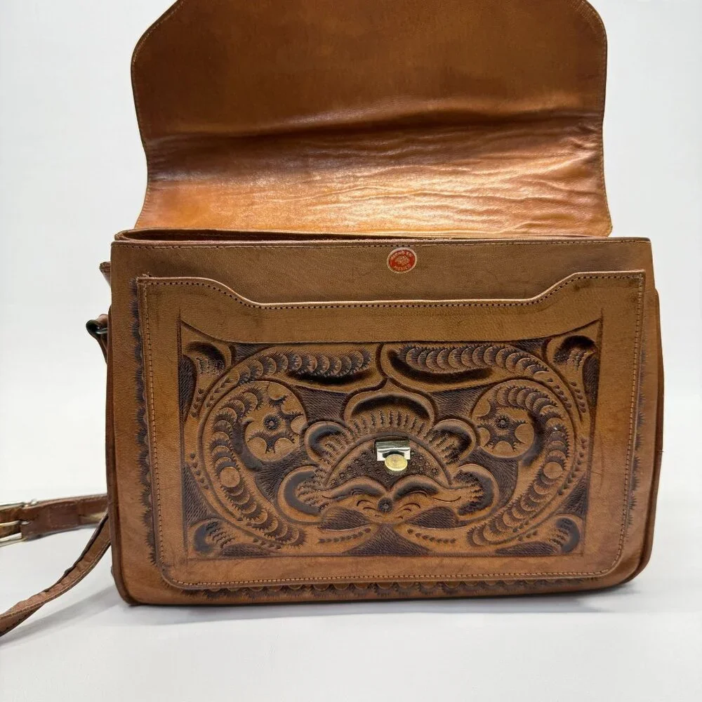 Vintage Hand Tooled Leather Shoulder Bag Made In Mexico Rose Flower - Picture 6 of 16